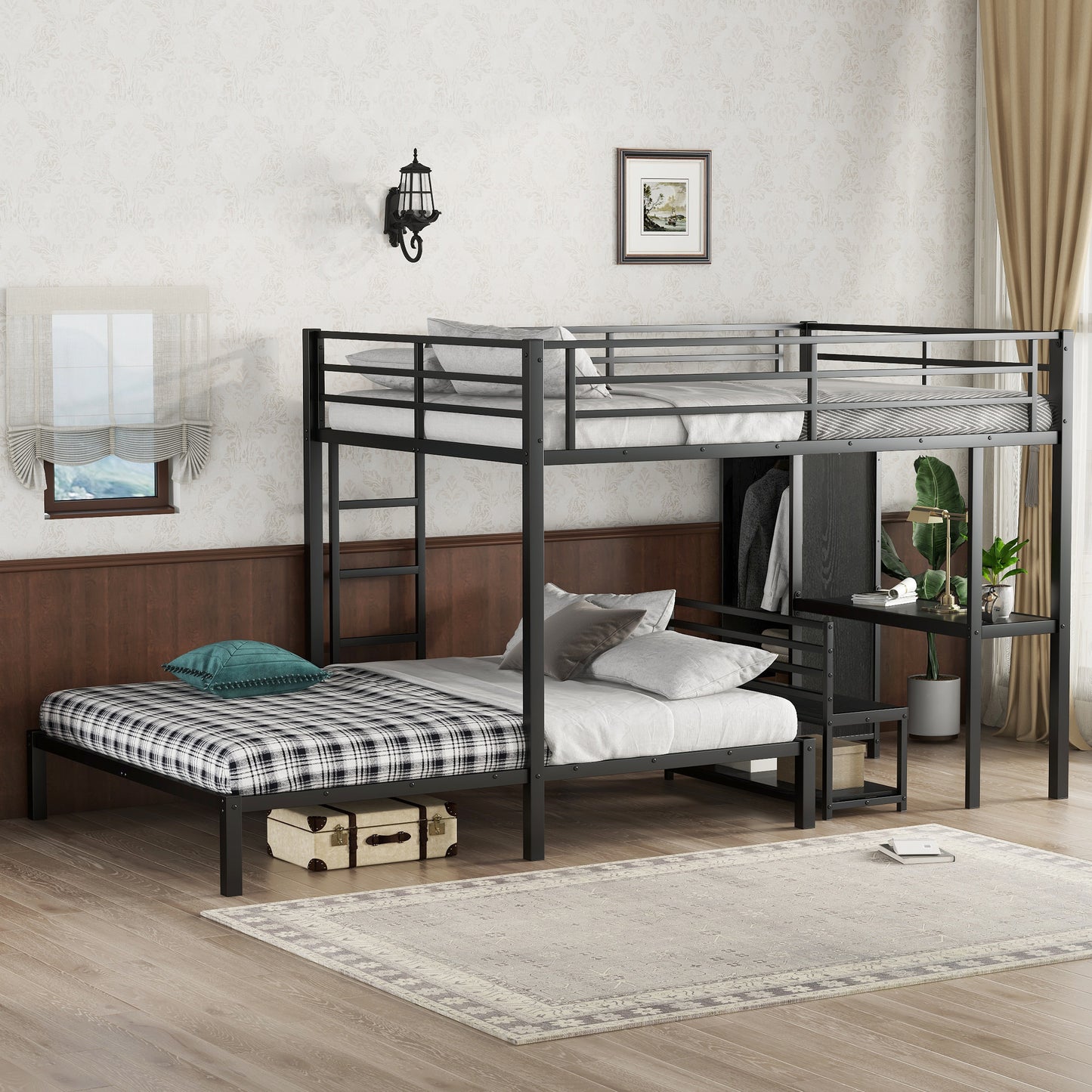 Queen Over Queen Bunk Bed Frame - Black with Wardrobe & Desk for Bedroom