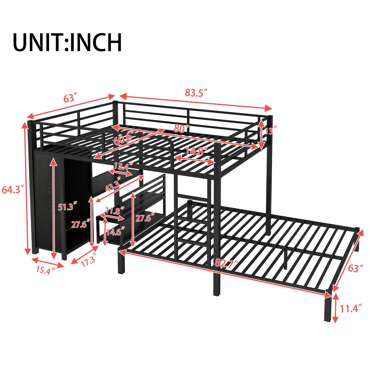 Queen Over Queen Bunk Bed Frame - Black with Wardrobe & Desk for Bedroom