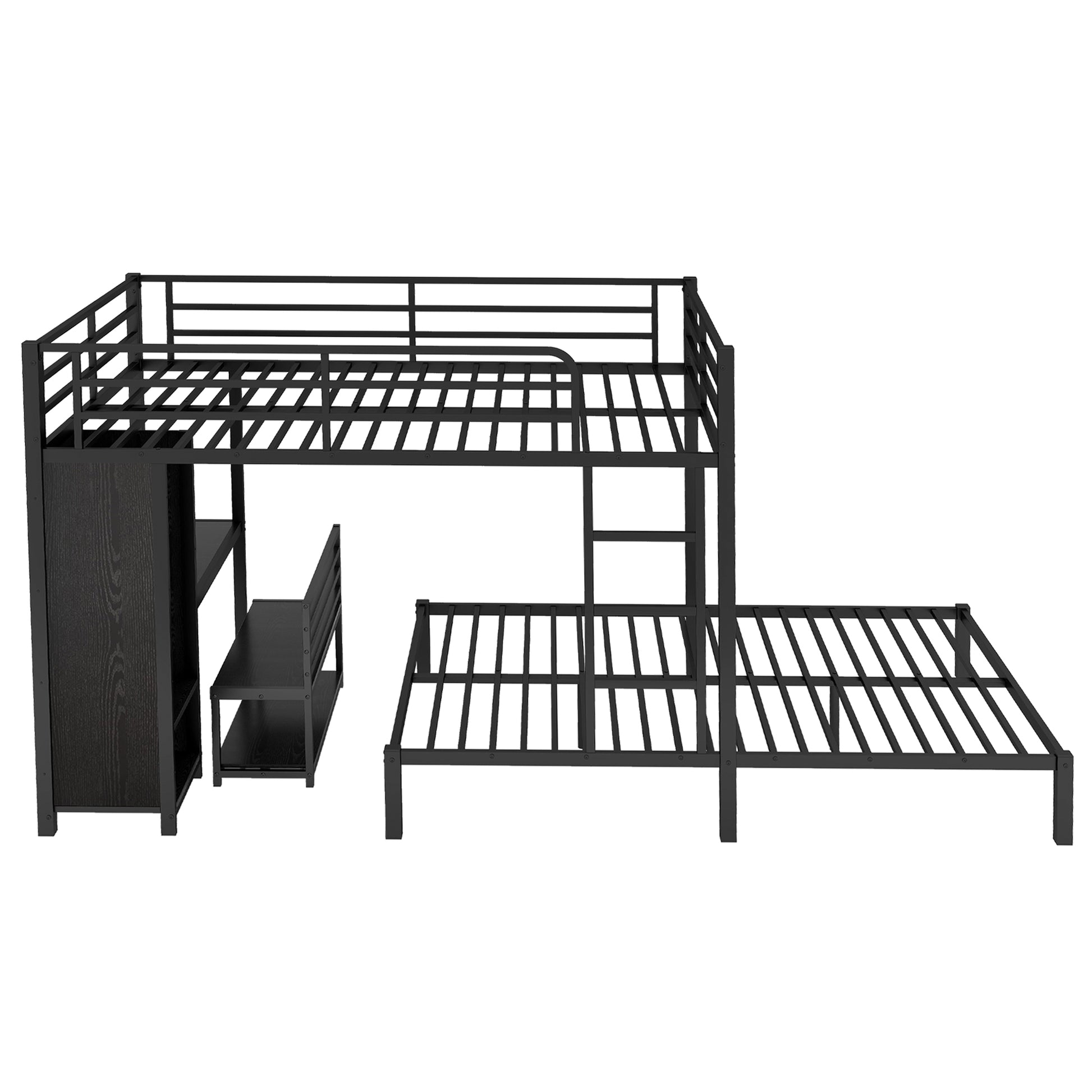 Queen Over Queen Bunk Bed Frame - Black with Wardrobe & Desk for Bedroom