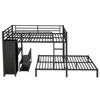 Queen Over Queen Bunk Bed Frame - Black with Wardrobe & Desk for Bedroom