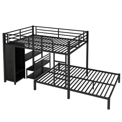 Queen Over Queen Bunk Bed Frame - Black with Wardrobe & Desk for Bedroom