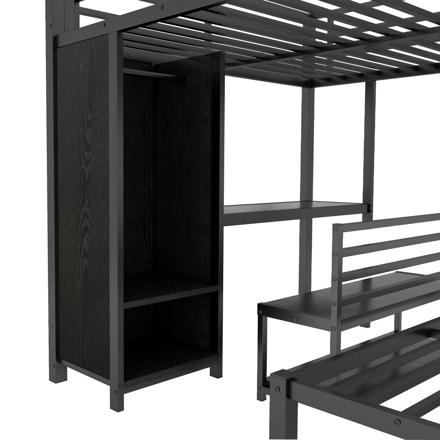 Queen Over Queen Bunk Bed Frame - Black with Wardrobe & Desk for Bedroom