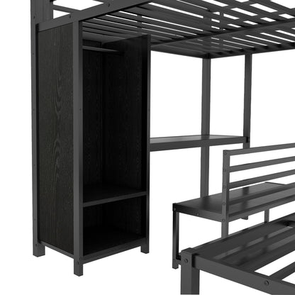 Queen Over Queen Bunk Bed Frame - Black with Wardrobe & Desk for Bedroom