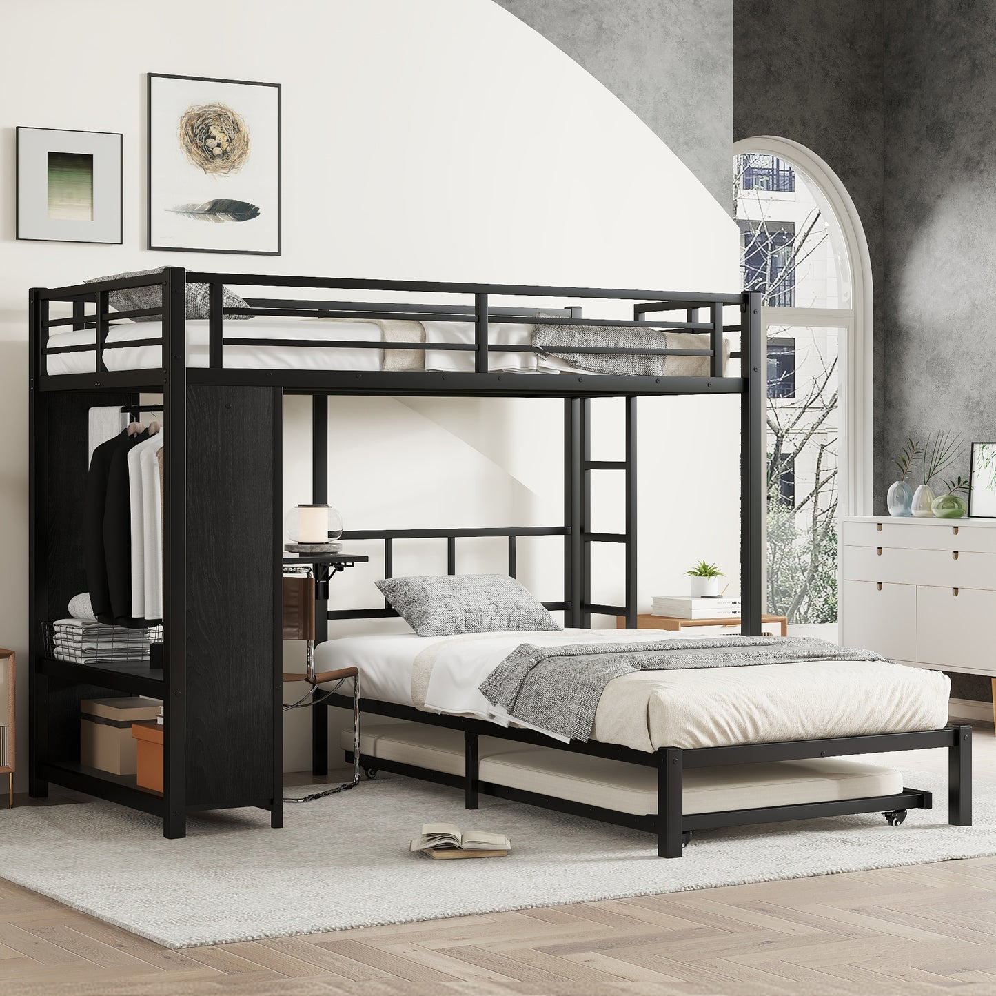 Twin over Twin XL (Twin XL over Twin XL) Bunk Bed with Built-in Wardrobe, Metal Bunk Bed with Twin Trundle, Foldable Desk, Ladders, Noise-reduced design, Black