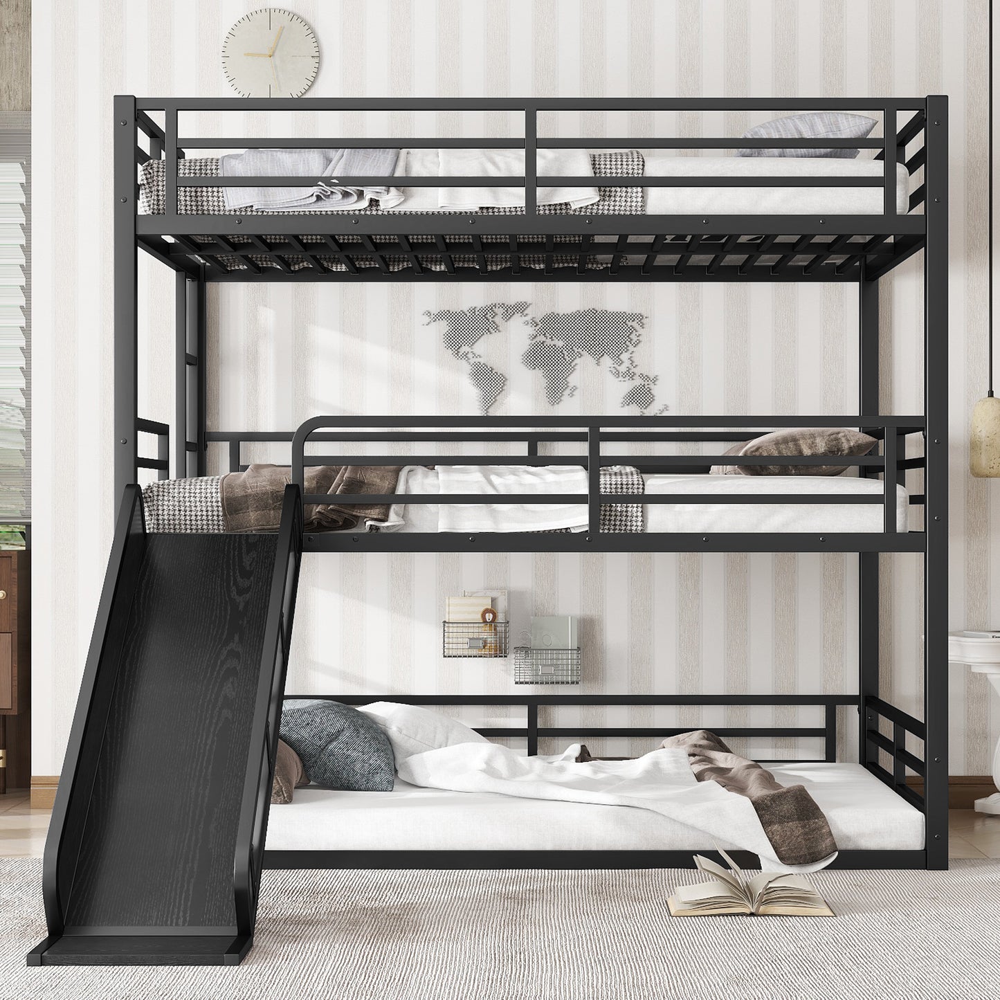 Full over Full over Full Bunk Bed with Slide, Metal Triple Bunk Bed with Safety Guardrails, Heavy-duty Bunk Bed with Noise-reduced Design, Black