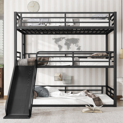 Full over Full over Full Bunk Bed with Slide, Metal Triple Bunk Bed with Safety Guardrails, Heavy-duty Bunk Bed with Noise-reduced Design, Black