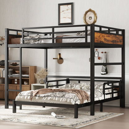 Full over Full Metal Bunk Bed/Metal Loft Bed and Metal Platform Beds,with raised security fence,Vintage Wood-colored