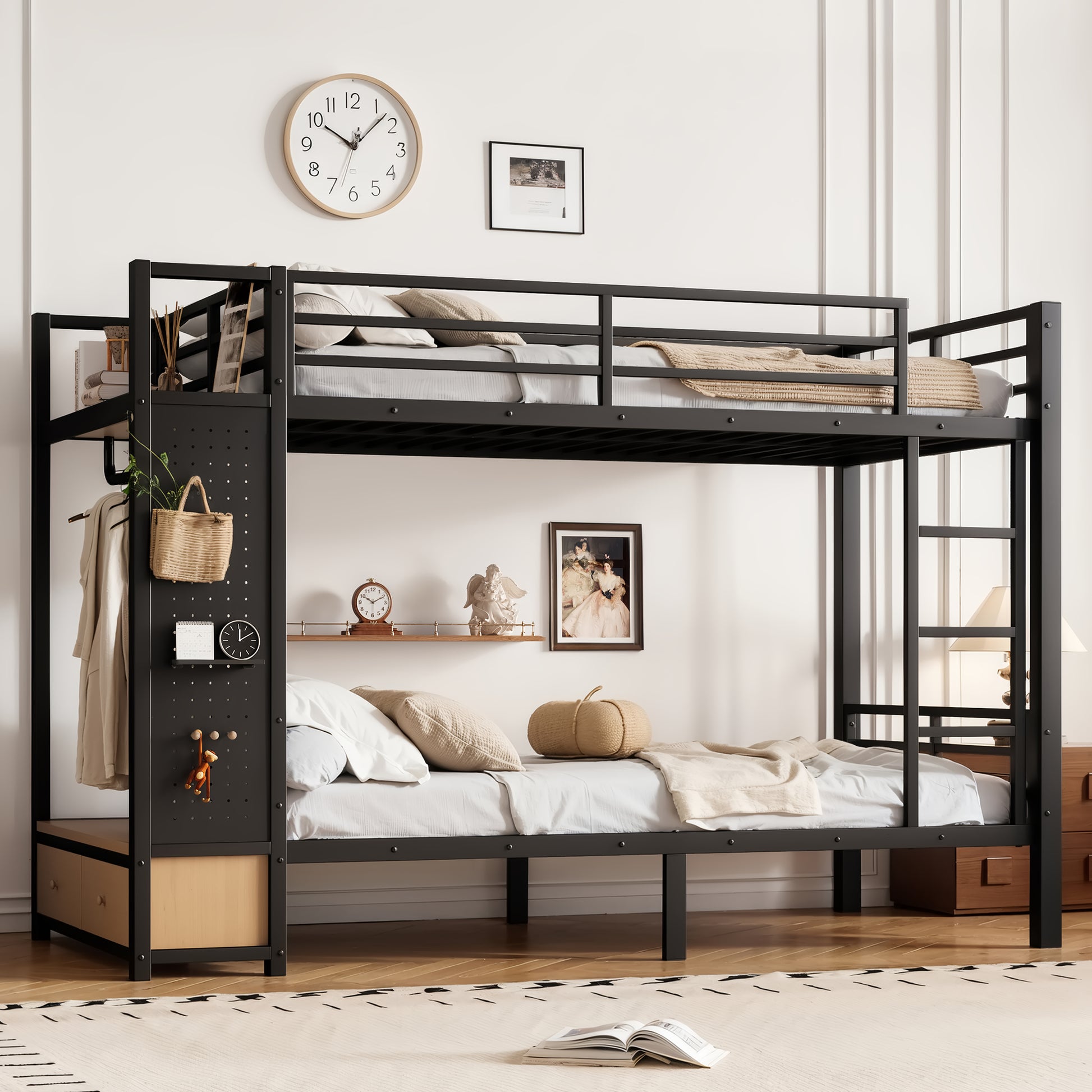 Twin XL over Twin XL size Metal Bunk Bed for Teens  with Storage Shelves ,Drawers and Pegboard,Black