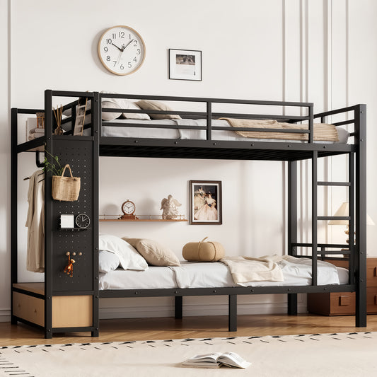 Twin XL over Twin XL size Metal Bunk Bed for Teens  with Storage Shelves ,Drawers and Pegboard,Black