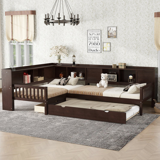 L-shaped Platform Bed Twin Size with Trundle, Solid Wood Platform Bed with Storage Drawers and Shelves, No Spring Box Needed,Espresso