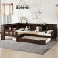 L-shaped Platform Bed Twin Size with Trundle, Solid Wood Platform Bed with Storage Drawers and Shelves, No Spring Box Needed,Espresso