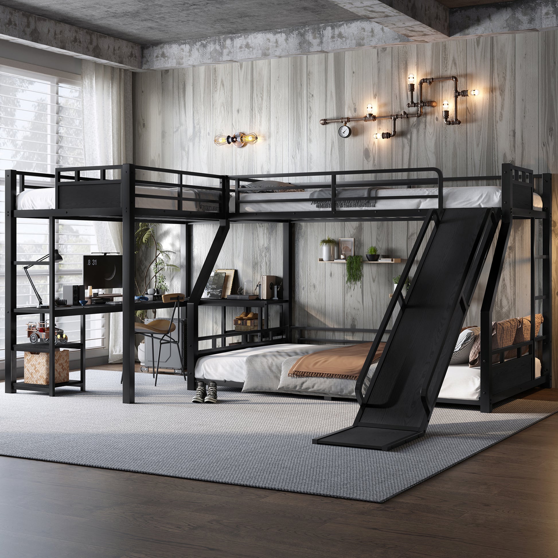 L-Shaped Metal Bunk Bed (Top bed: twin xl, bottom bed: queen) with Single Loft Bed, Desk, and Storage Shelves, USB Charging Port Included - Metal Triple Bunk Bed with Slide,Black
