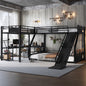 L-Shaped Metal Bunk Bed (Top bed: twin xl, bottom bed: queen) with Single Loft Bed, Desk, and Storage Shelves, USB Charging Port Included - Metal Triple Bunk Bed with Slide,Black