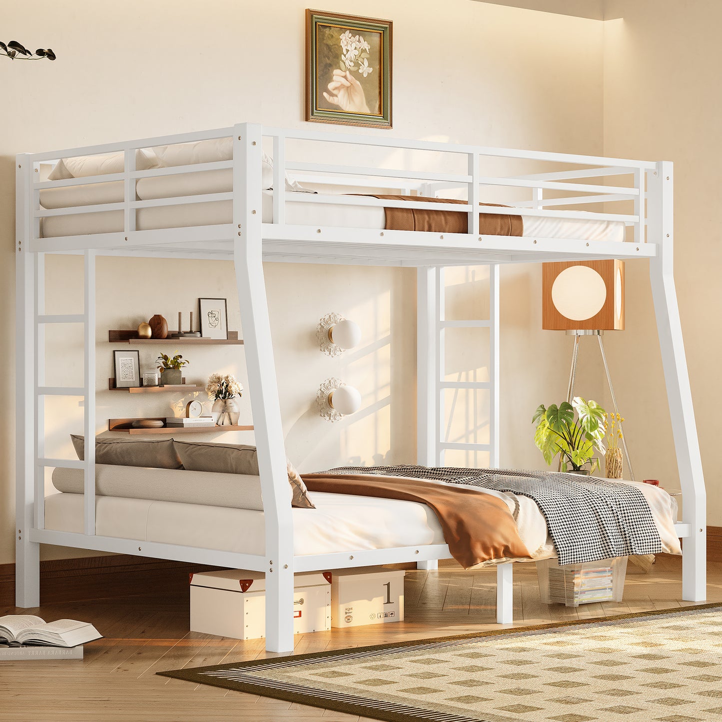 Full XL Bunk Bed - White Metal Frame for Bedroom