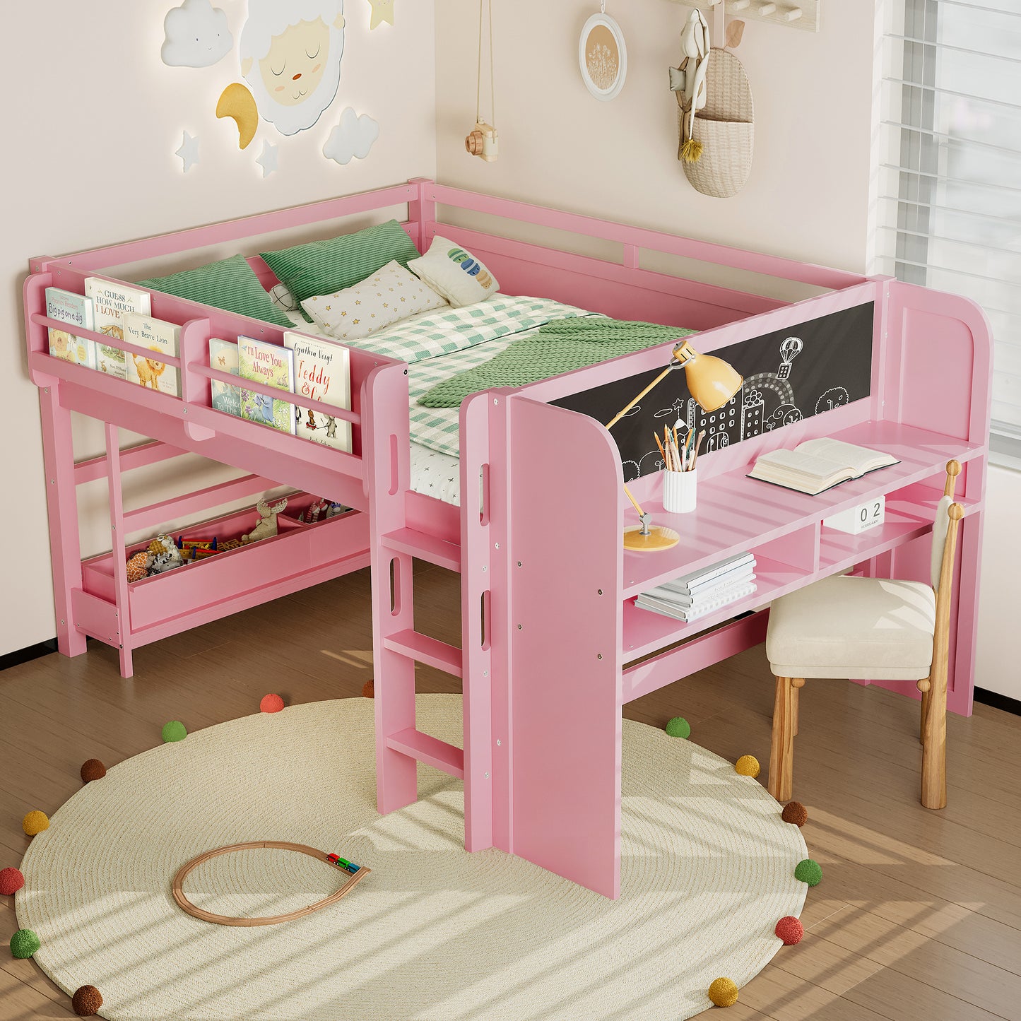 Full Loft Bed with Multi-storage Bookcases, Boxes and Drawers, Solid Wood Low Loft Beds with Desk and Blackboard, No Box Spring Needed,  Pink