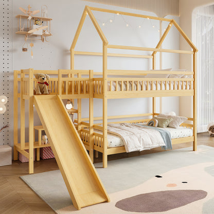 Full House-shaped Bunk bed with Slide,Playhouse Bed with Storage Stairs,Two Placement Methods ,Noise-free Design, Natural