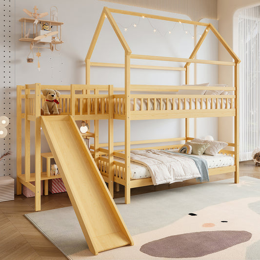 Full House-shaped Bunk bed with Slide,Playhouse Bed with Storage Stairs,Two Placement Methods ,Noise-free Design, Natural
