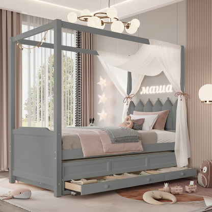 Twin Platform Bed with Upholstered Headboard,Twin Size Trundle and 3 Drawers,Princess Canopy Bed Frame for Kids,Storage & Easy Assembly,Gray