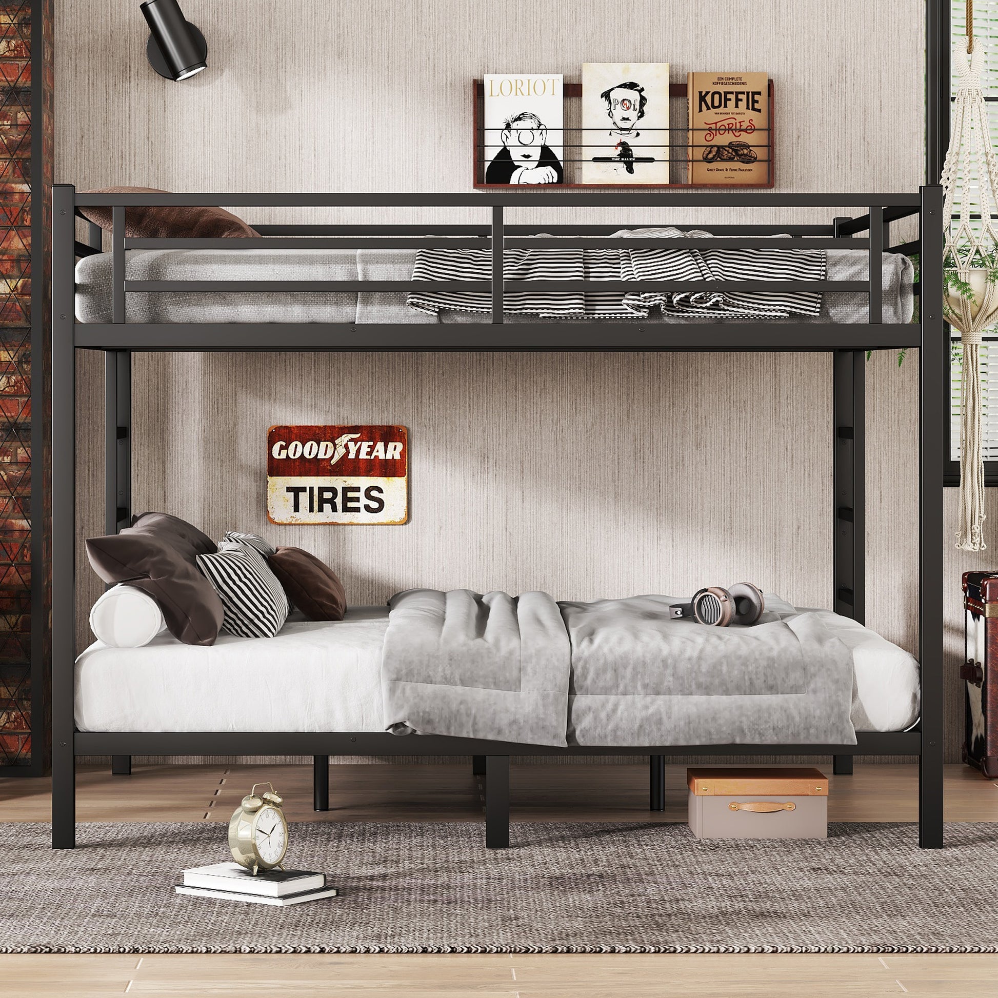 Queen Over Queen Metal Bunk Bed - Black for Bedroom
