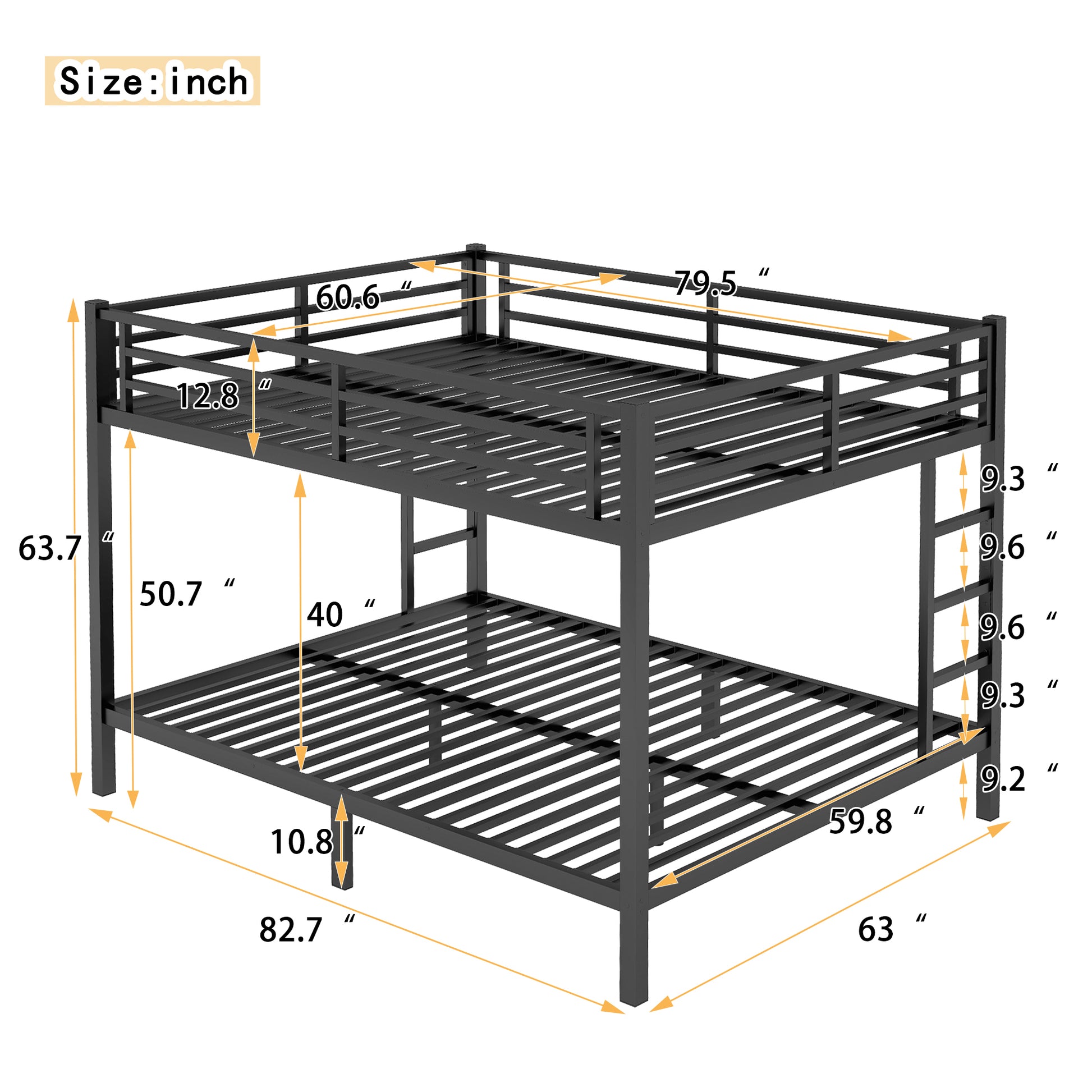 Queen Over Queen Metal Bunk Bed - Black for Bedroom