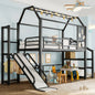 Twin House Loft Bed with Slide & Stairs - Black Metal Frame