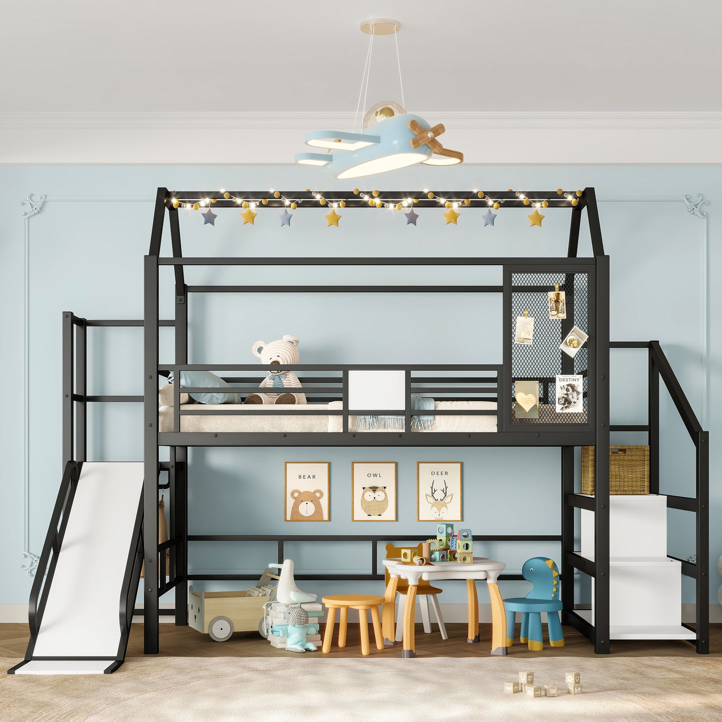 Twin House Loft Bed with Slide & Stairs - Black Metal Frame