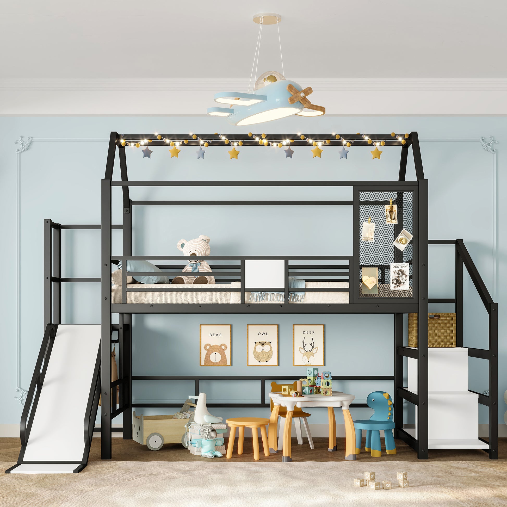 Twin House Loft Bed with Slide & Stairs - Black Metal Frame