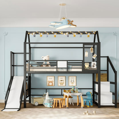 Twin House Loft Bed with Slide & Stairs - Black Metal Frame