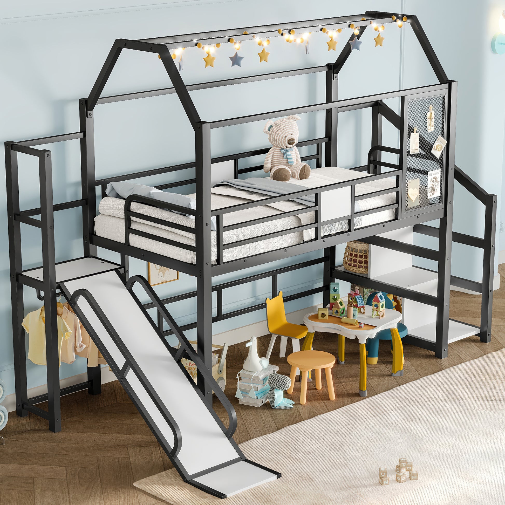 Twin House Loft Bed with Slide & Stairs - Black Metal Frame