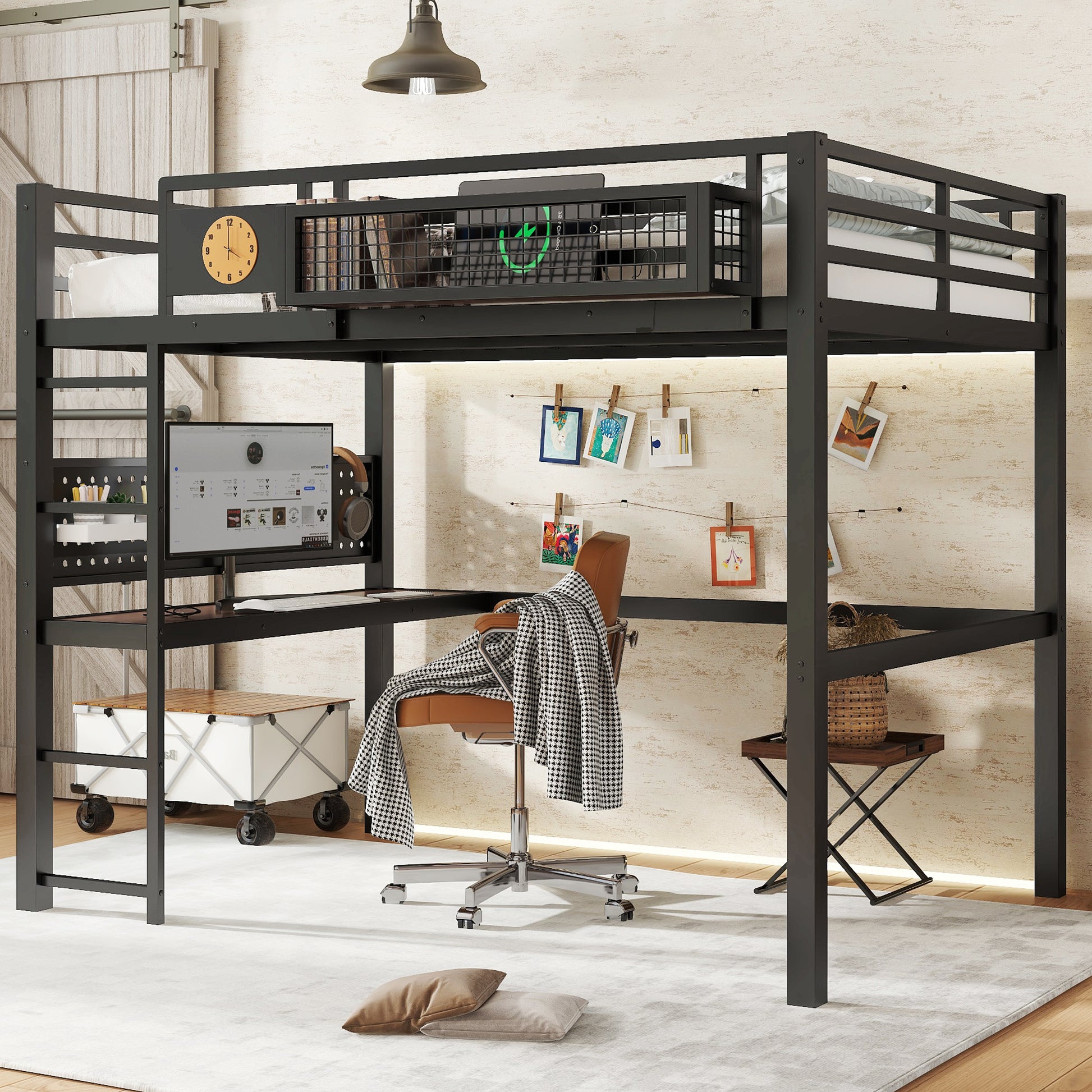 Black Metal Full Bed with Desk and Storage for Modern Bedrooms
