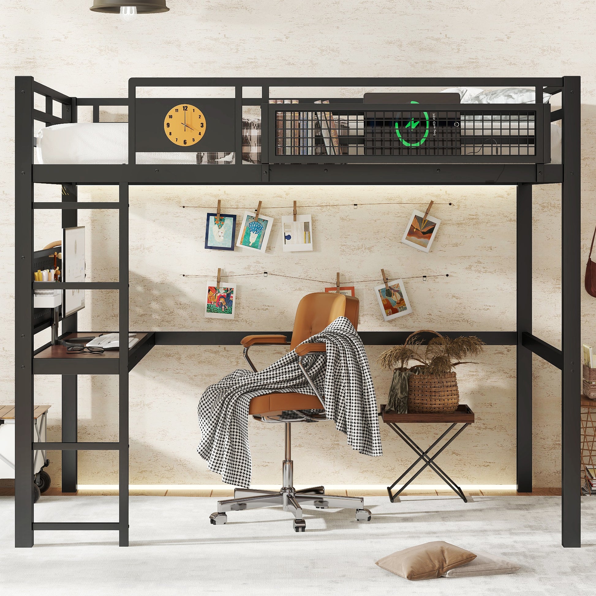 Black Metal Full Bed with Desk and Storage for Modern Bedrooms