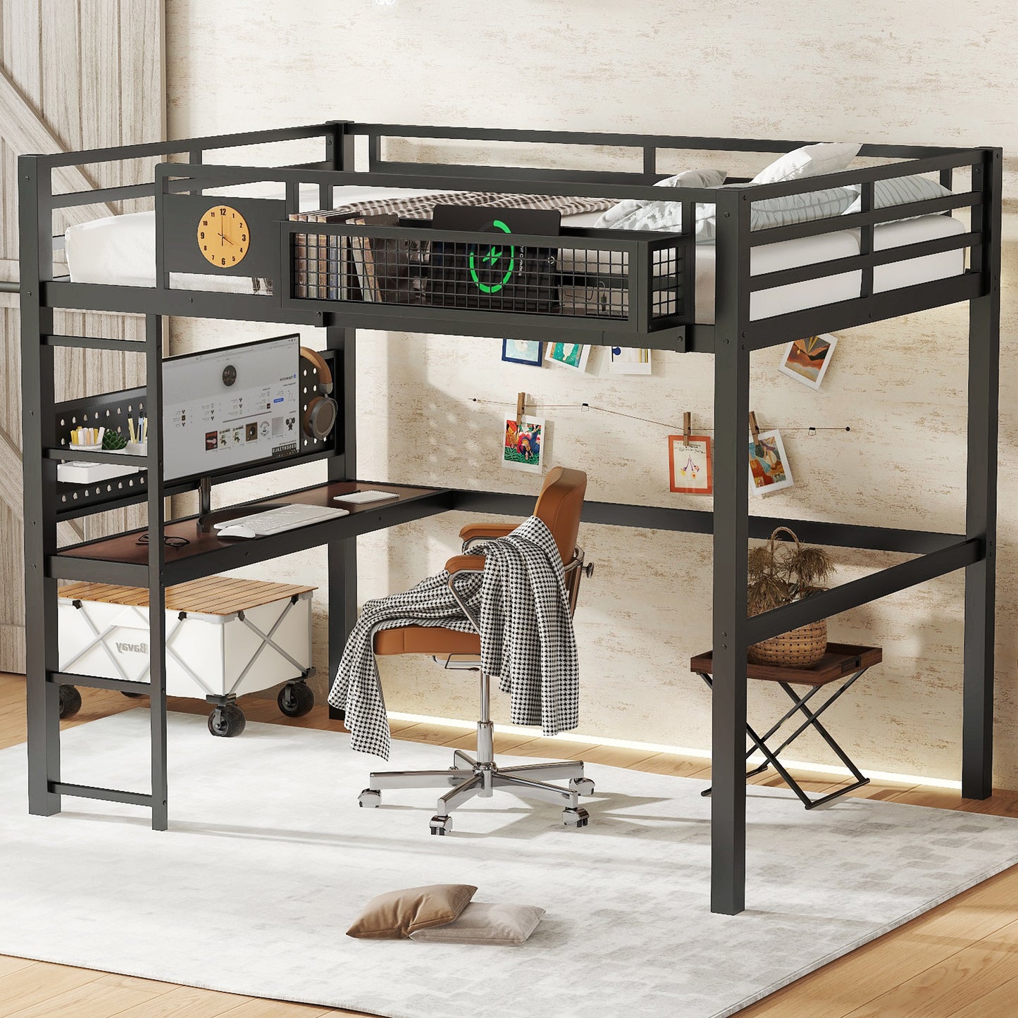 Black Metal Full Bed with Desk and Storage for Modern Bedrooms