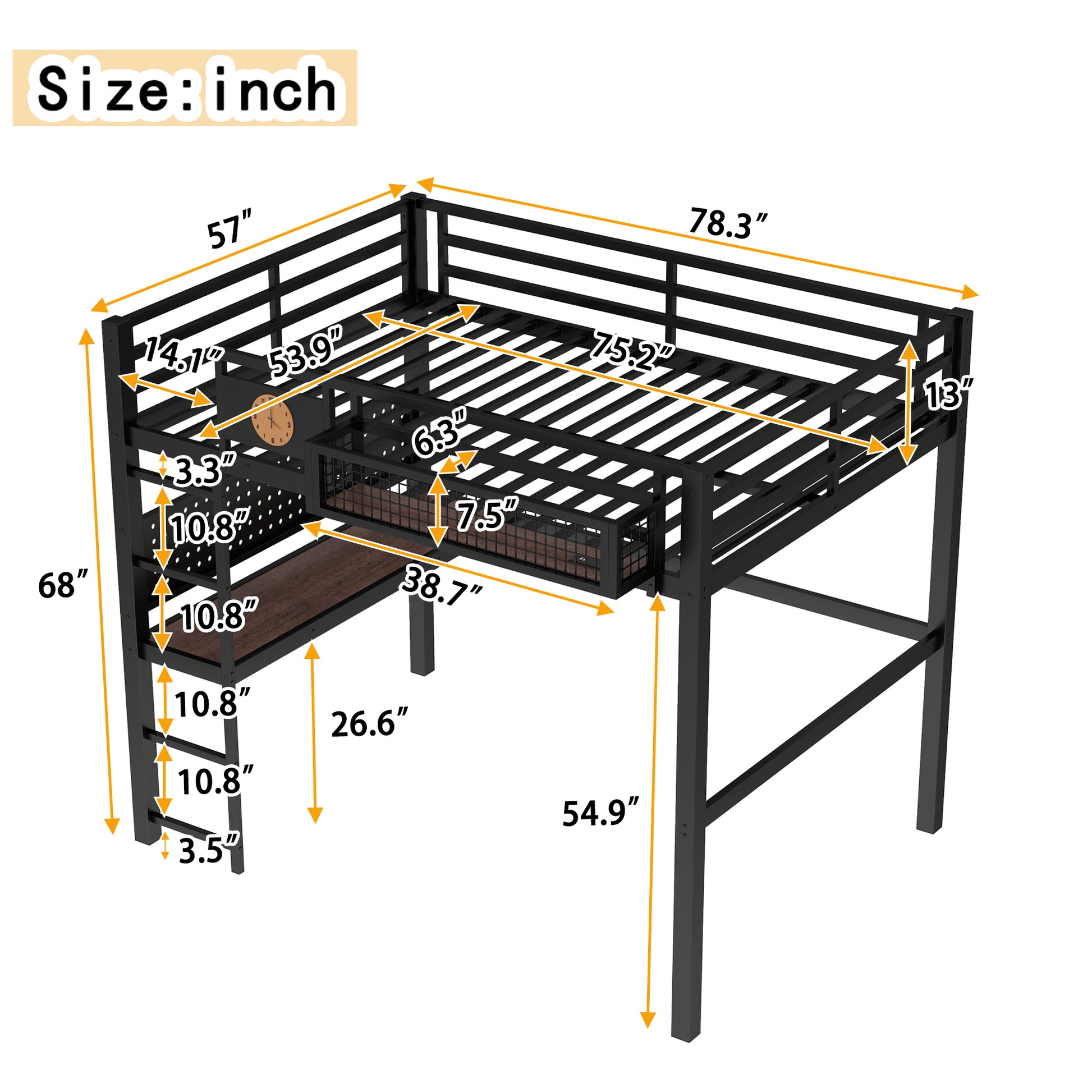 Black Metal Full Bed with Desk and Storage for Modern Bedrooms
