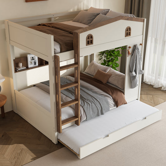 Full over Full Bunk Bed with Trundle and Storage Shelves, Solid Wood Bunk Beds with hooks, No Box Spring Needed, Beige&Natural