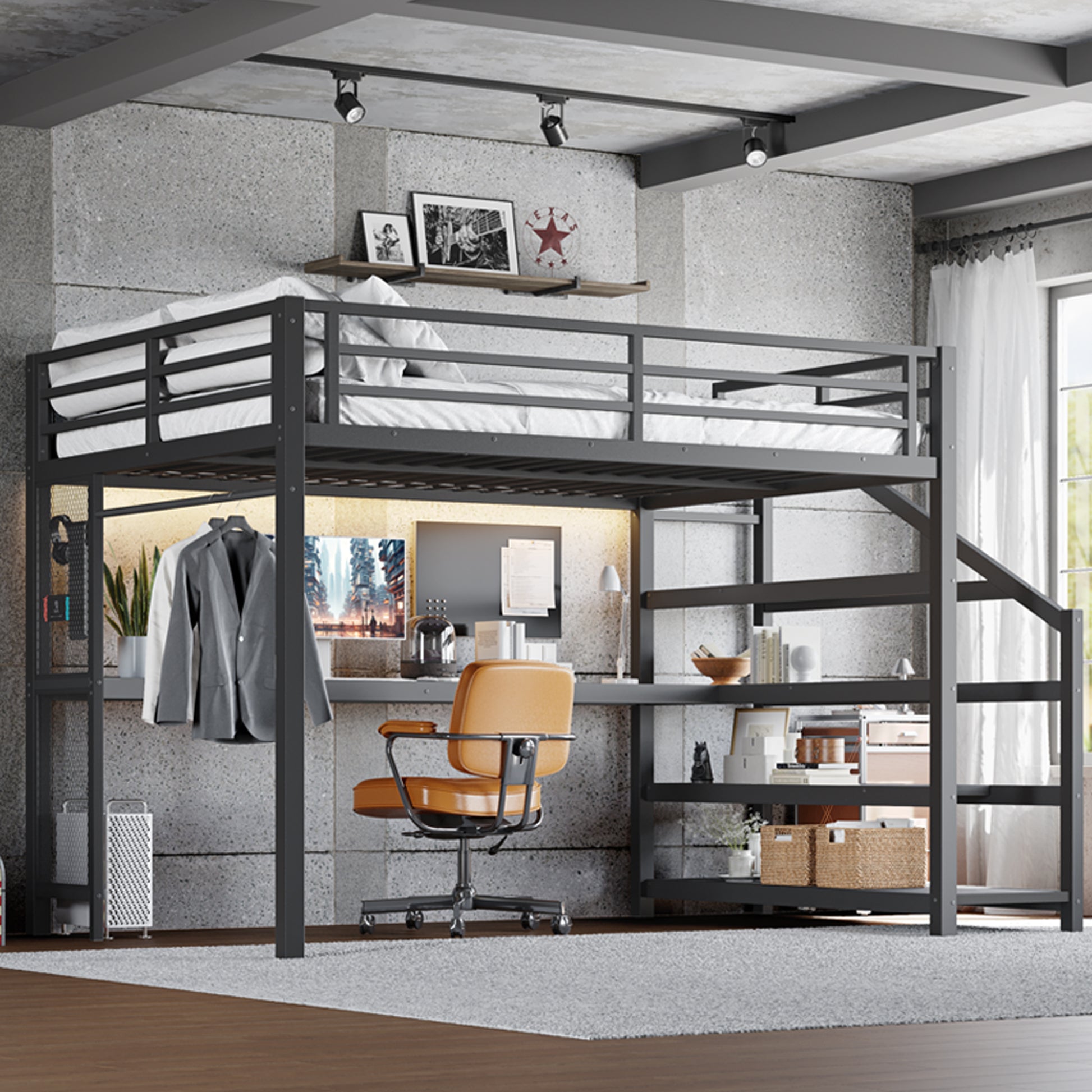 Queen Loft Bed with Desk & Storage - Multifunctional Black