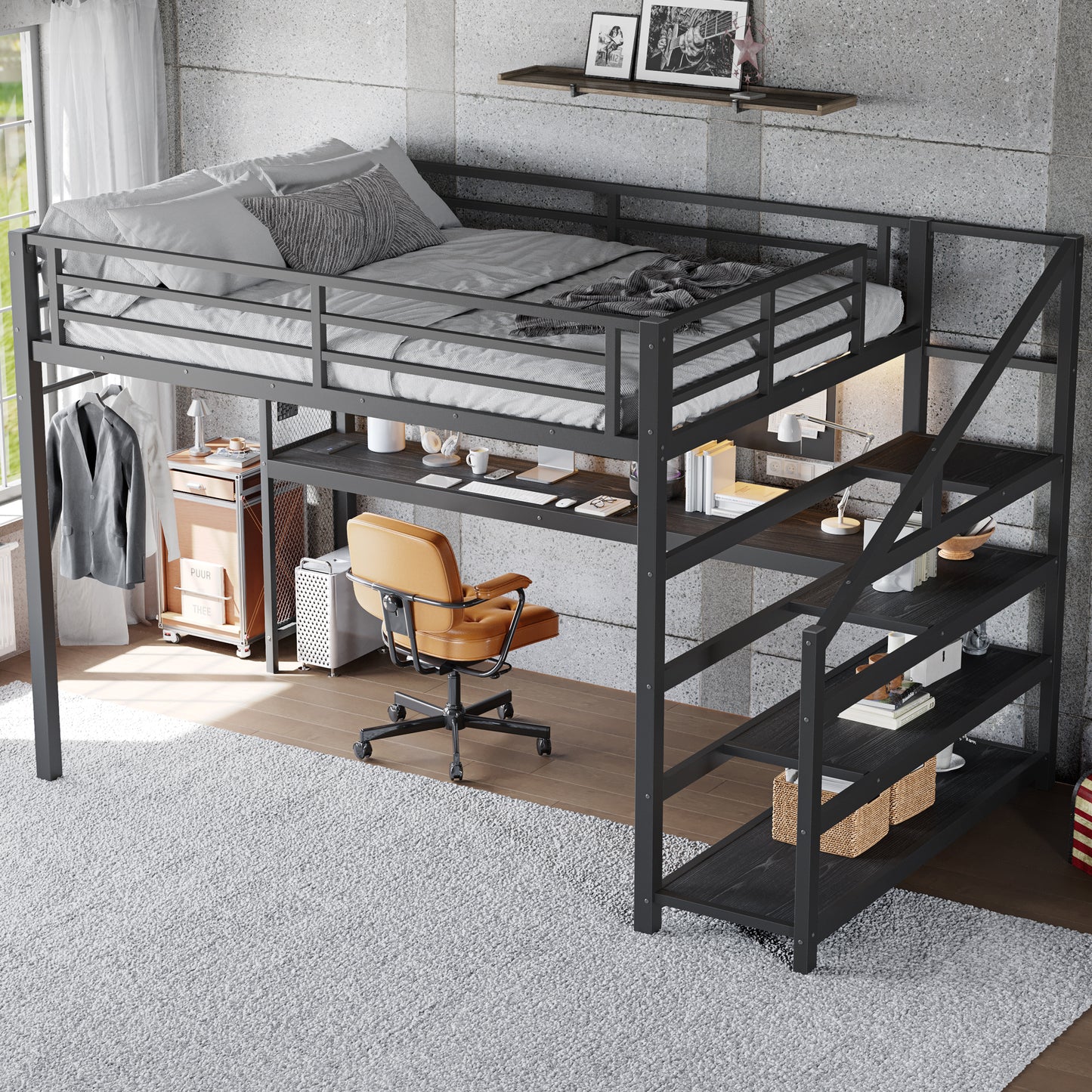 Queen Loft Bed with Desk & Storage - Multifunctional Black