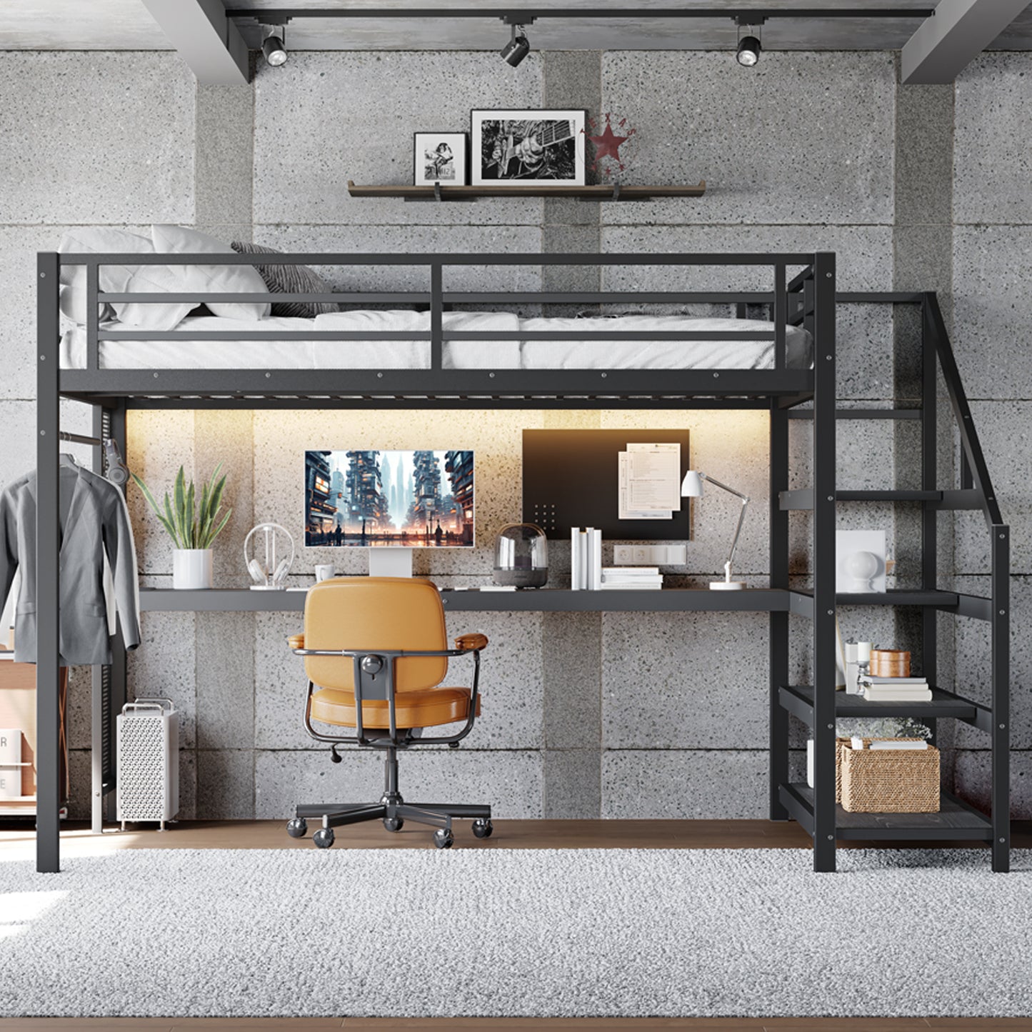 Queen Loft Bed with Desk & Storage - Multifunctional Black