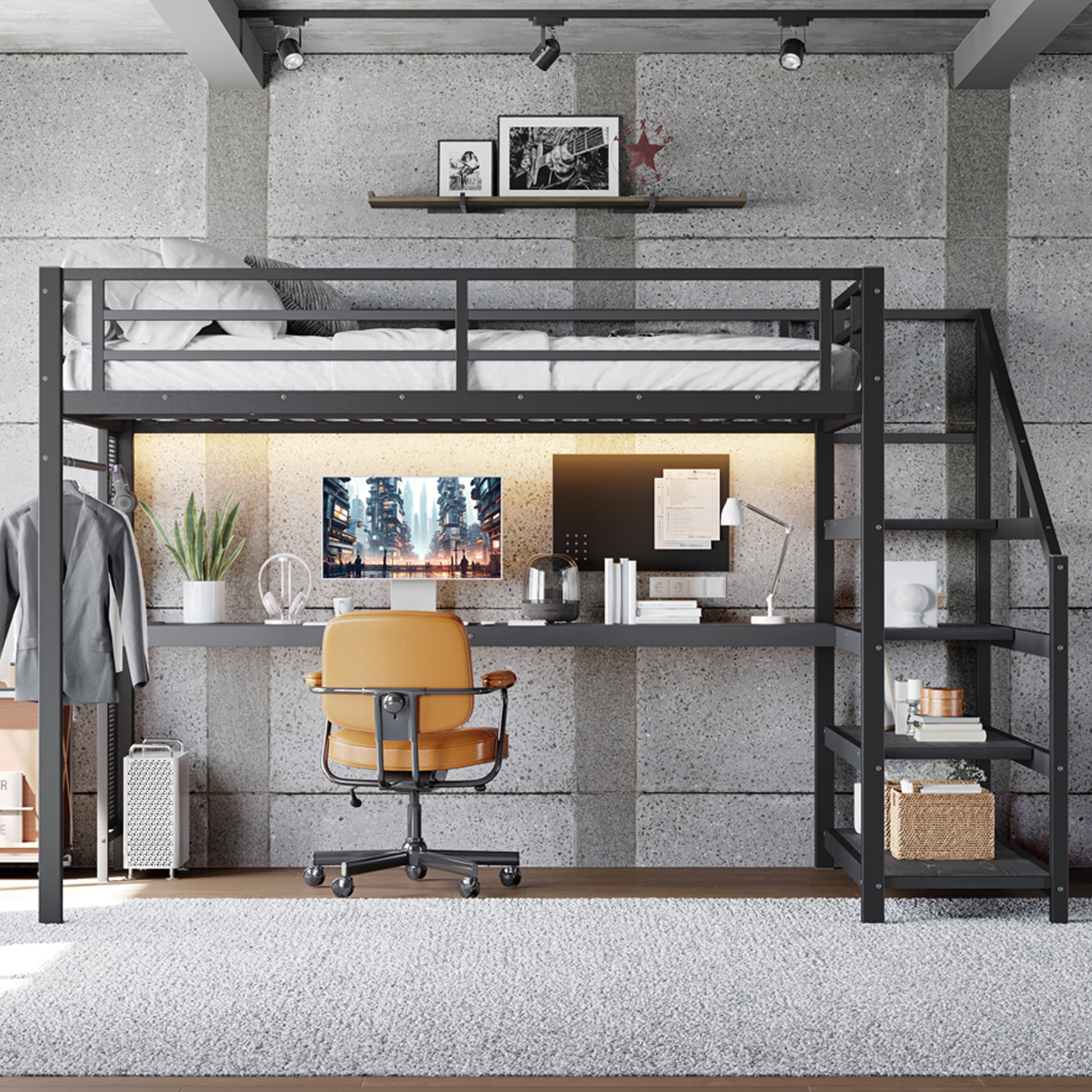 Queen Loft Bed with Desk & Storage - Multifunctional Black