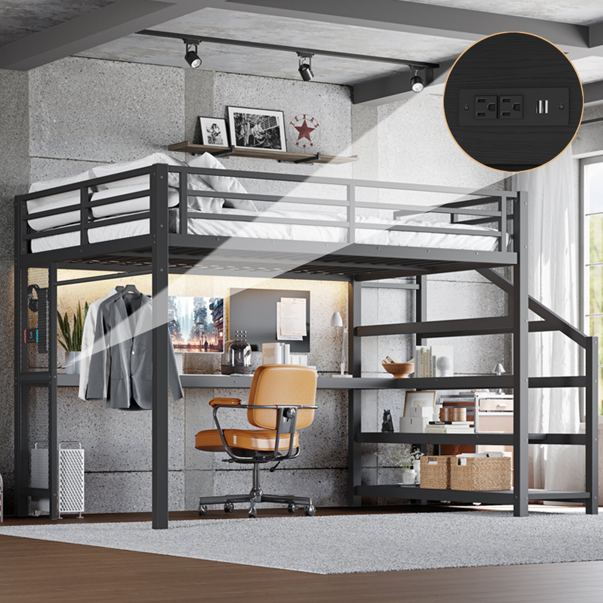 Queen Loft Bed with Desk and Storage Stairs, Metal Loft Beds with LED Lights, USB Ports, Multifunctional Iron Nets, No Spring Box Needed and Noise-free, Black