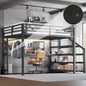 Queen Loft Bed with Desk and Storage Stairs, Metal Loft Beds with LED Lights, USB Ports, Multifunctional Iron Nets, No Spring Box Needed and Noise-free, Black
