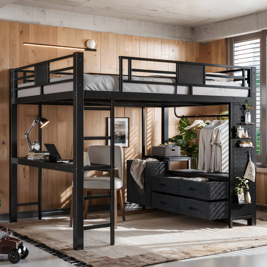 Queen Size Loft Bed with Desk & Shelves, Black Metal Loft Bed Frame with clothesline pole, Storage pegboard, laundry bag,Space-Saving Adult Loft for Dorms, Bedroom,Black