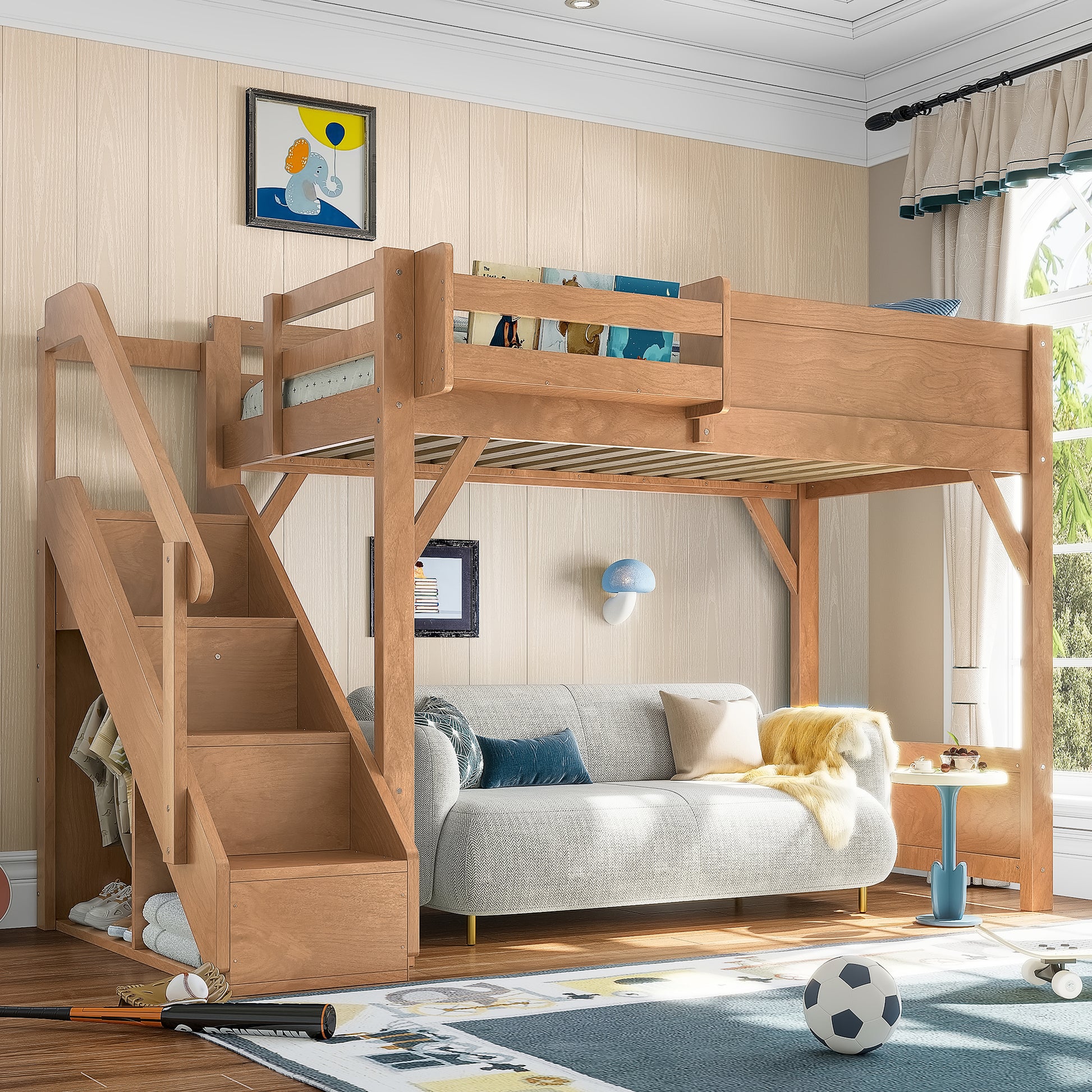 Twin Size Loft Bed with Built-in Wardrobe and Storage Space, Solid Wood Loft Bed with Beside Shelves, Full-length Guardrails and Stairs, No Box Spring Needed, Deep Natural