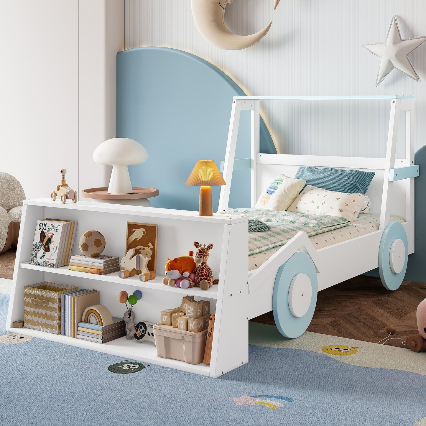 Twin Size Car Bed with Storage - Blue White Kids Bed Frame