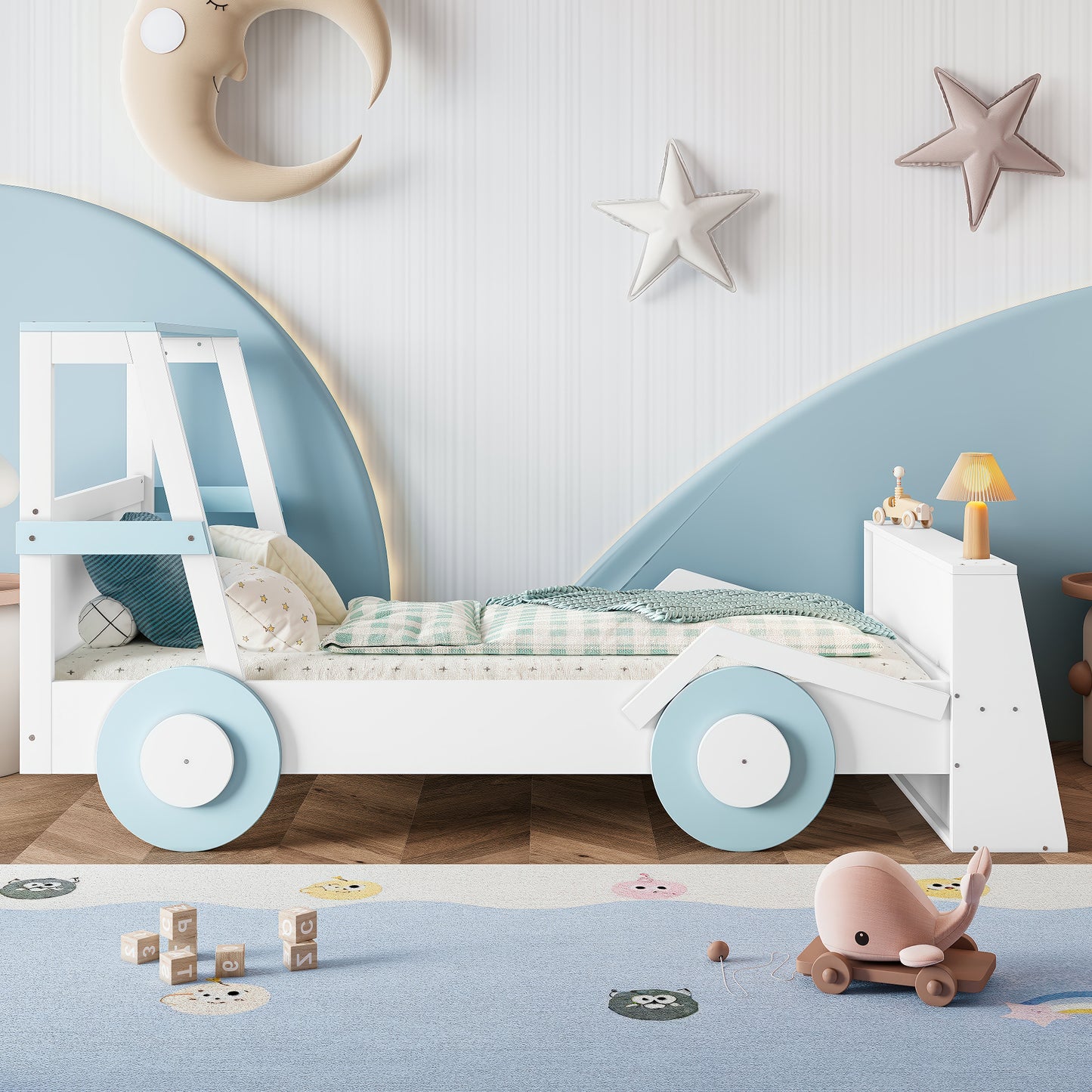Twin Size Car Bed with Storage - Blue White Kids Bed Frame
