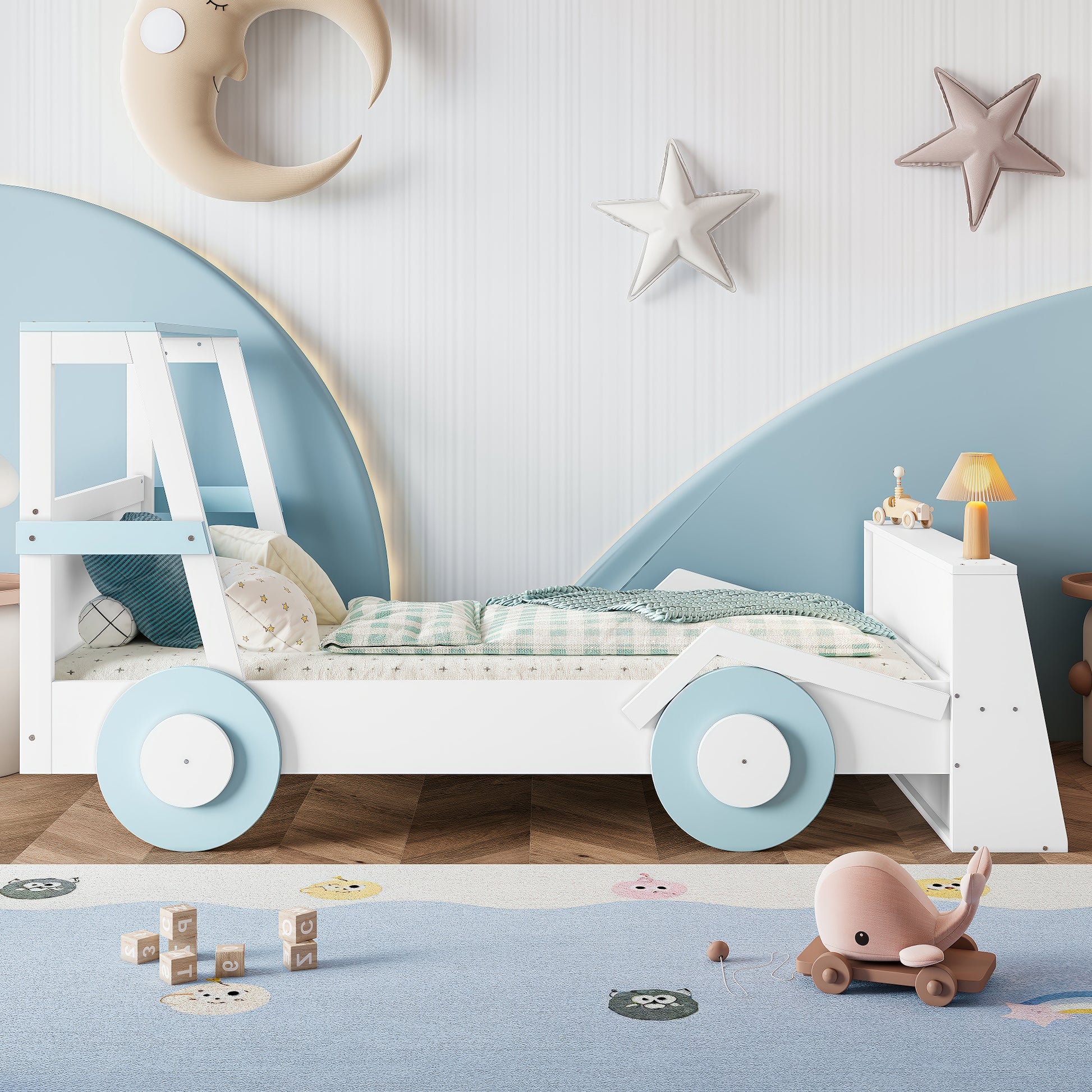 Twin Size Car Bed with Storage - Blue White Kids Bed Frame