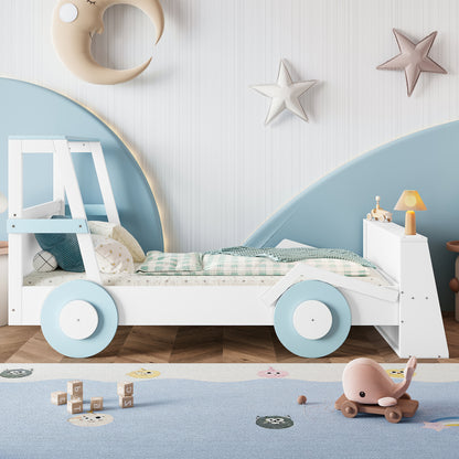 Twin Size Car Bed with Storage - Blue White Kids Bed Frame