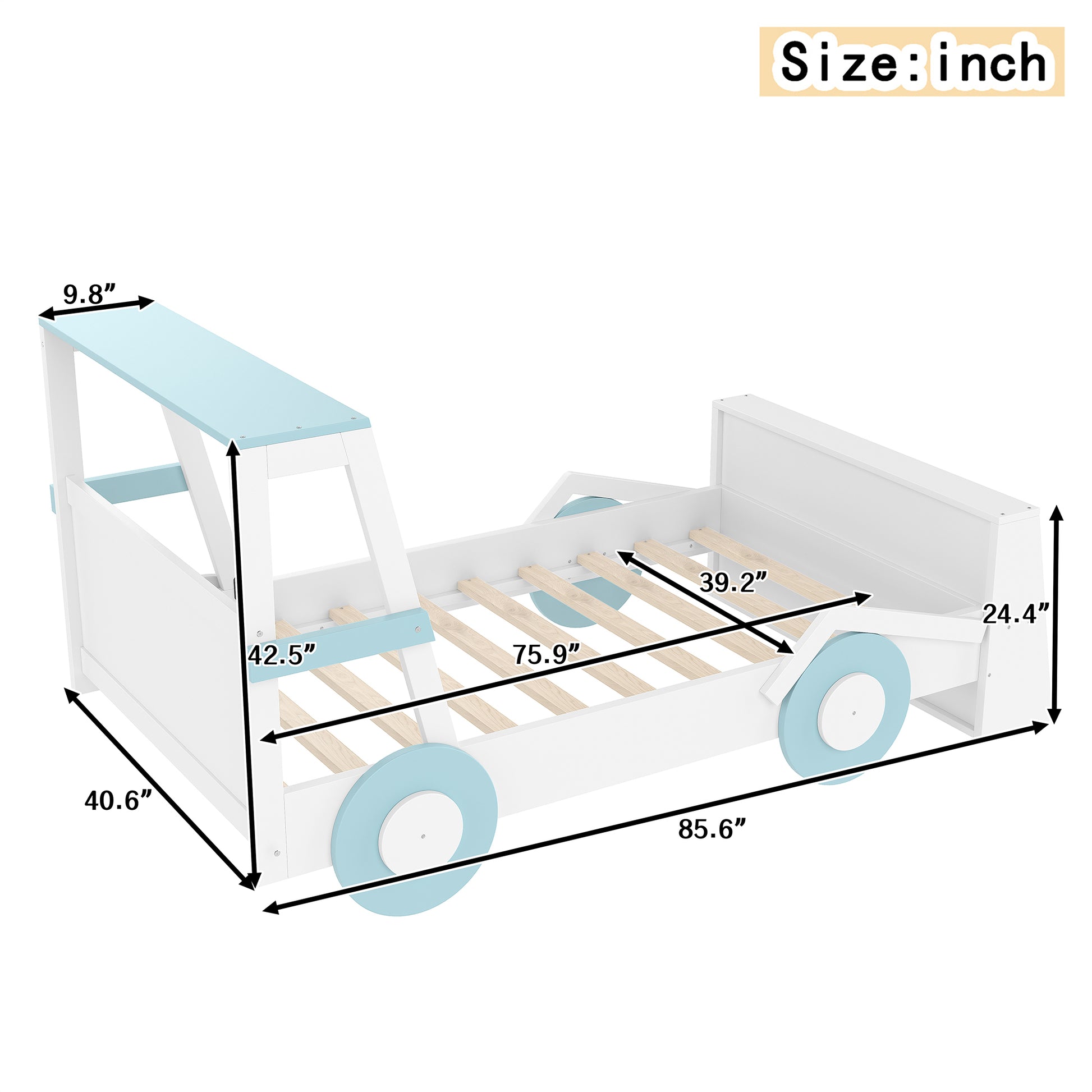 Twin Size Car Bed with Storage - Blue White Kids Bed Frame