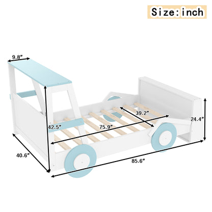 Twin Size Car Bed with Storage - Blue White Kids Bed Frame