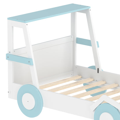 Twin Size Car Bed with Storage - Blue White Kids Bed Frame