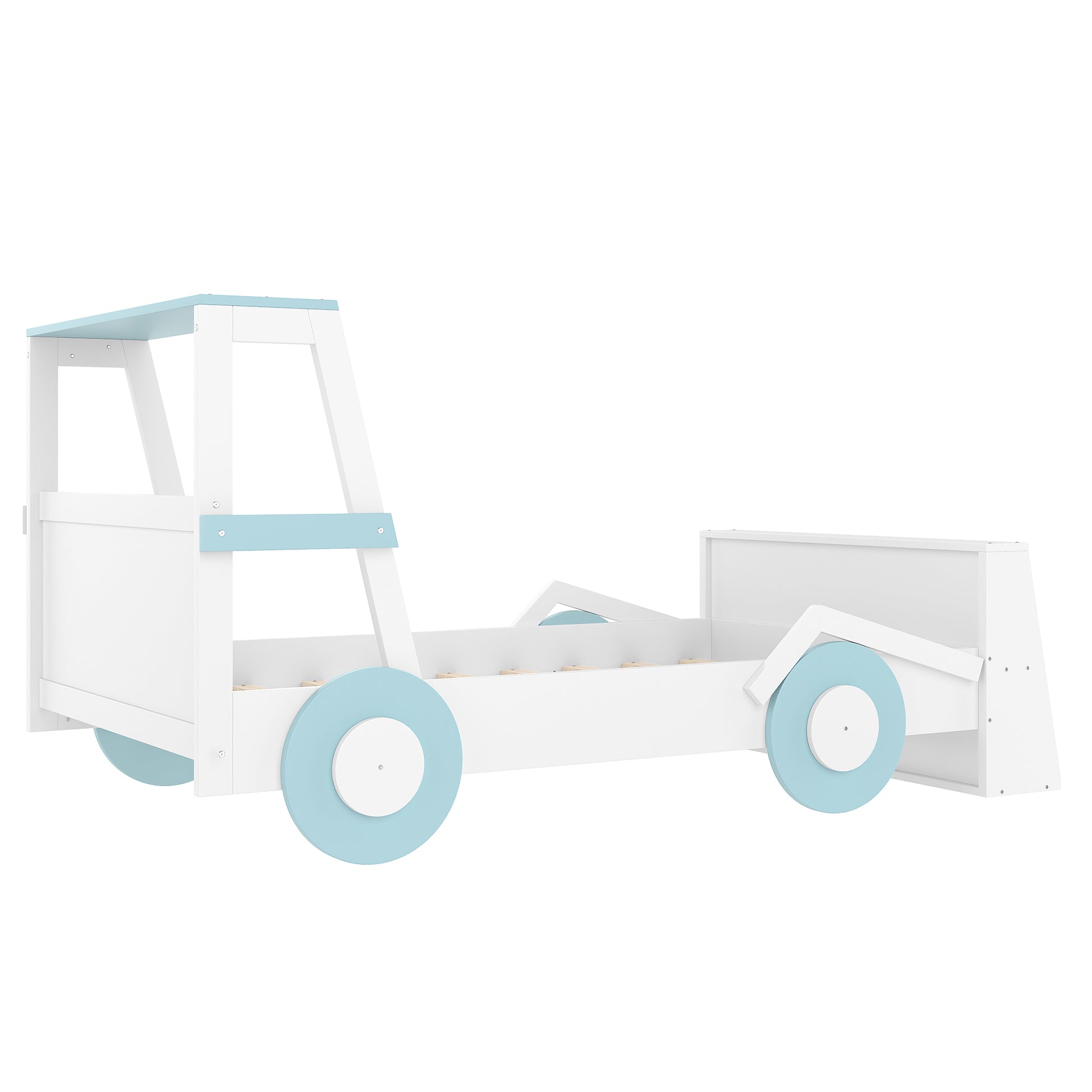 Twin Size Car Bed with Storage - Blue White Kids Bed Frame